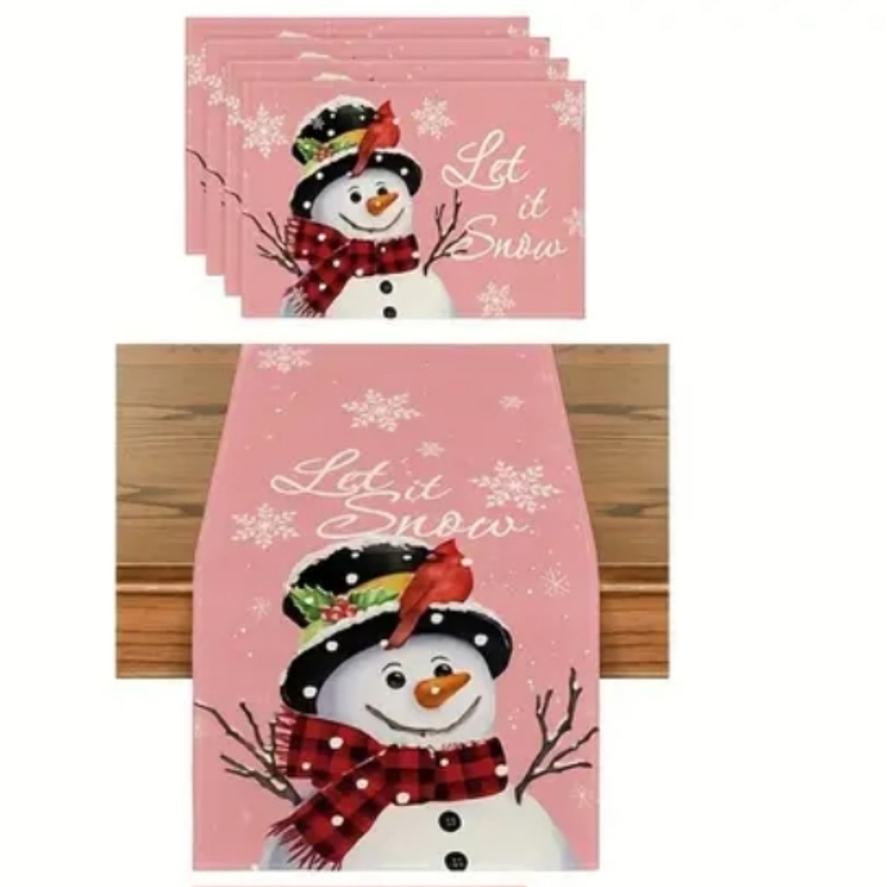 5pc Snowman Let It Snow Christmas Winter Holiday Pink Table Runner&Placemats Set